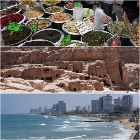 1. Yehuda Market in Jerusalem; 2. ruins in Petra, Jordan; 3. a beach in Tel Aviv, Israel