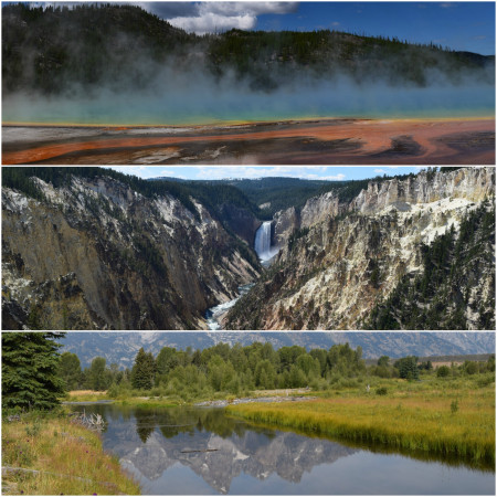 1. Prismatic springs; 2. Yellowstone falls; 3. Grand Teton NP
