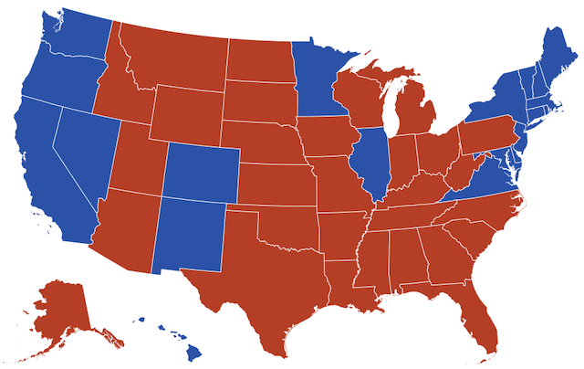 the US map showing the states which democrats (blue) and republicans (red) won in the 2016 US Election.