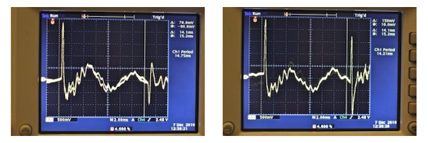 Two images of an osciloscope measuring sound pulses