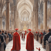 image generated: two cardinal in front of a mass of people inside a cathedral