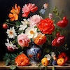 A still life painting of flowers in bloom