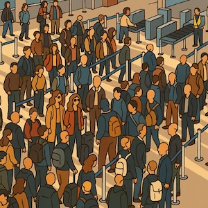 Image of people in an airport. AI-generated