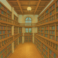 Image of an library, AI-generated using anime style