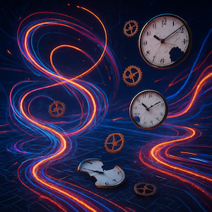 Abstract image with broken clocks, evoking asynchonicity