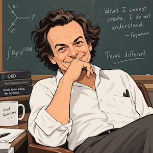 Cartoon image of Feynman, generated using ChatGPT