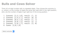Screenshot of the 'Bulls and Cows' page
